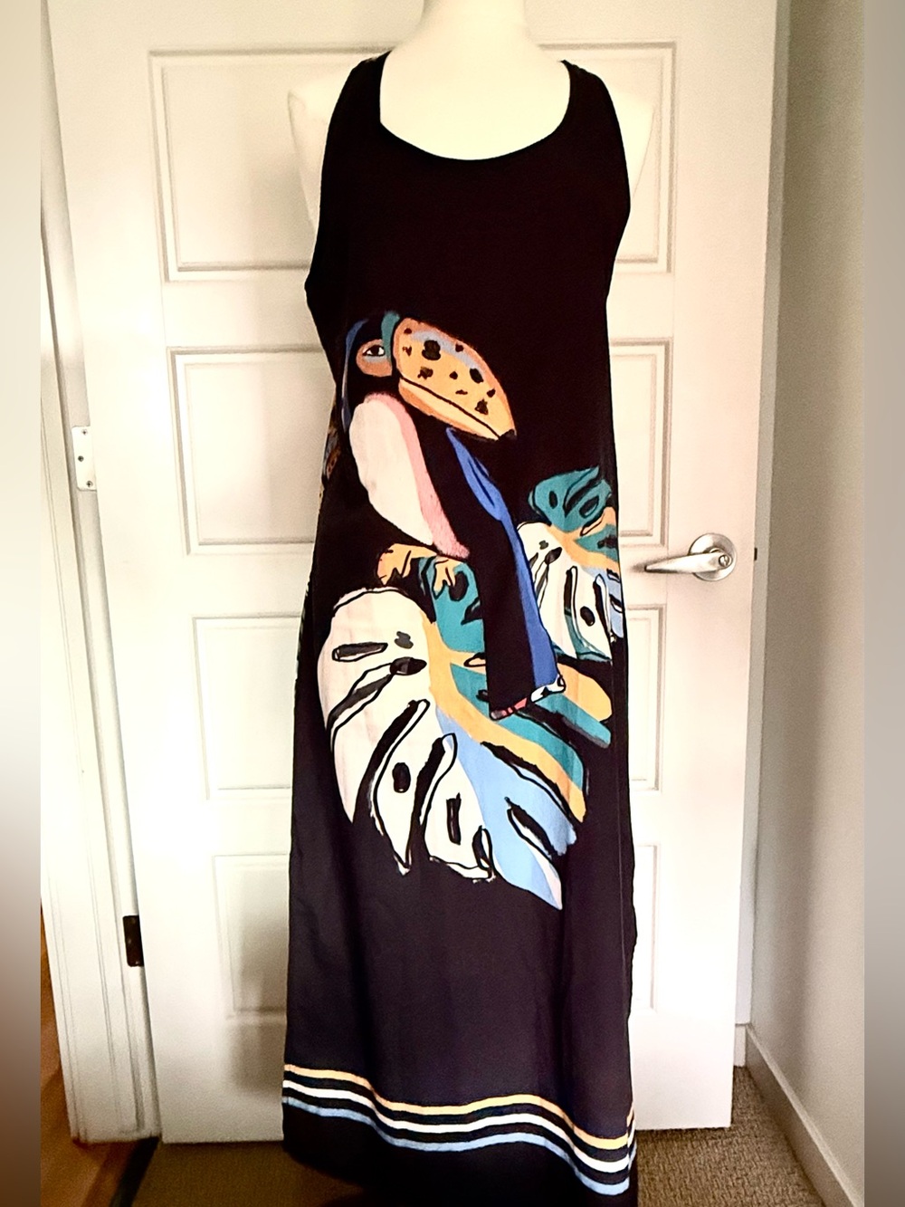 FARM Rio Black Maxi Dress with Toucan and Tropical Leaf Print